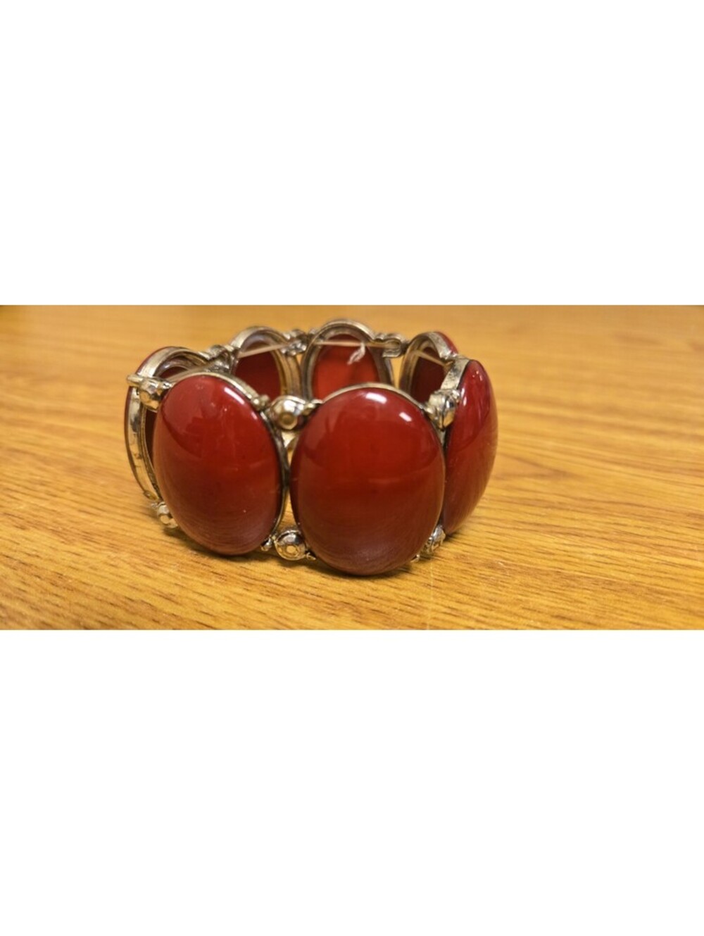 Red Oval Plastic Stone Silver Tone Metal Flex Stretchy Bracelet Adjustable Flaw